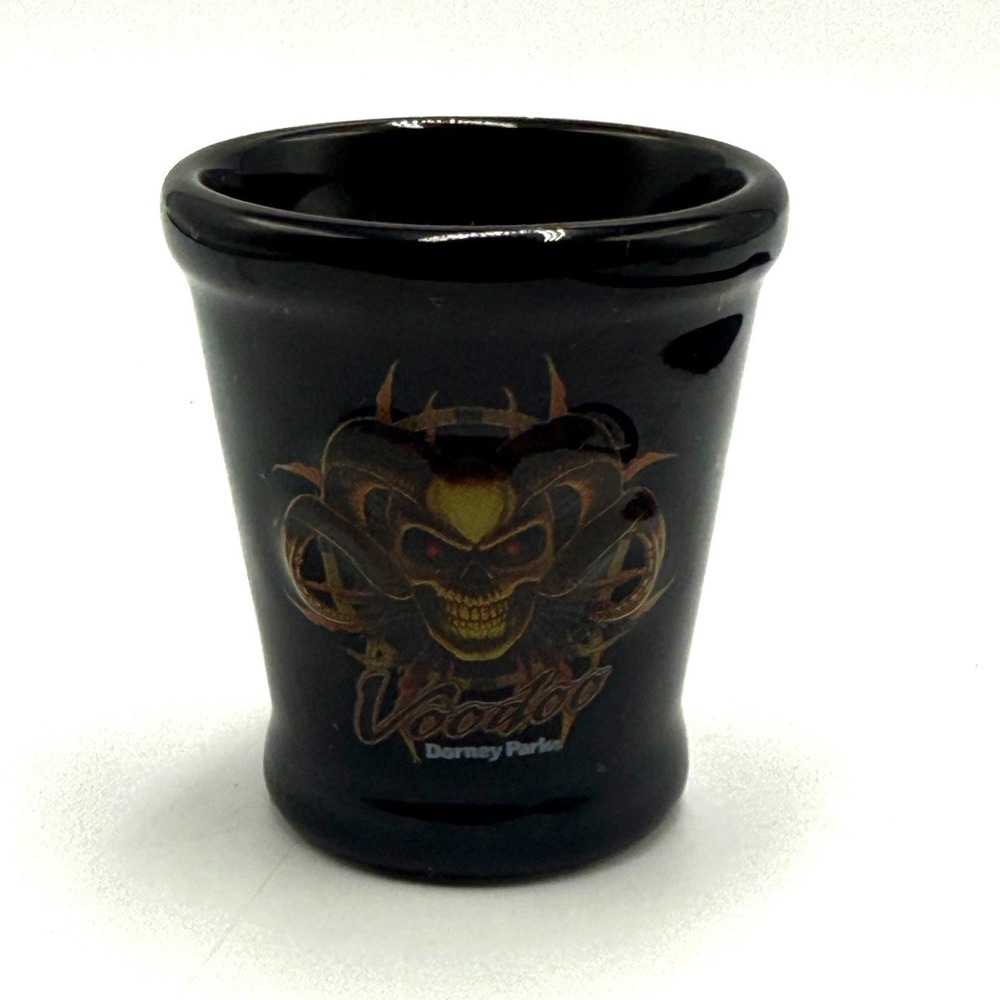 Dorney Park Voodoo Roller Coaster Shot Glass Black Ceramic Skull Souvenir
